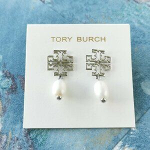 Tory Burch Britton Logo Silver White Pearl Drop Earrings